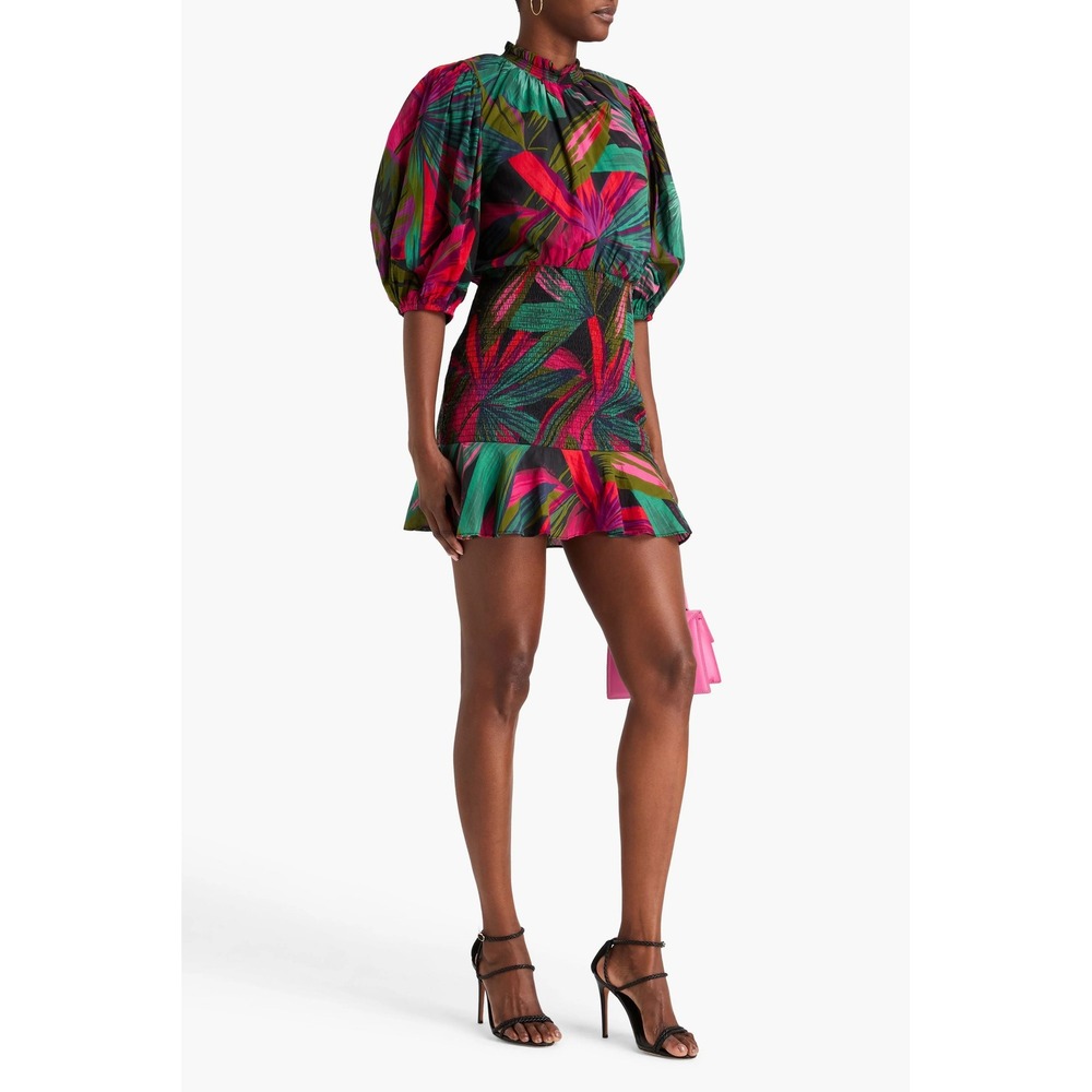 Farm Rio Ruffled Cotton-Voile Mini Dress Small Midnight Leaves Smocked Tropical